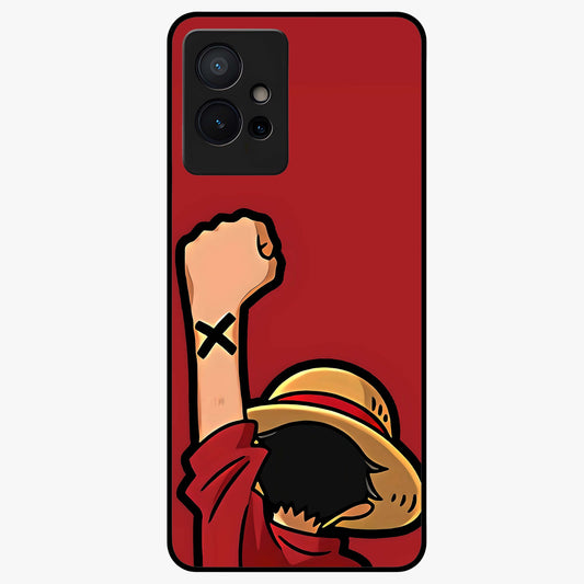 Luffy X Spirit Glass Case showing flat back view with bold anime character artwork and glossy glass finish.