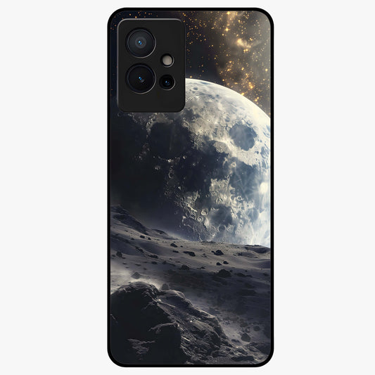 Lunar Horizon Glow Glass Case showing flat back view with glowing moon horizon artwork and glossy glass finish.