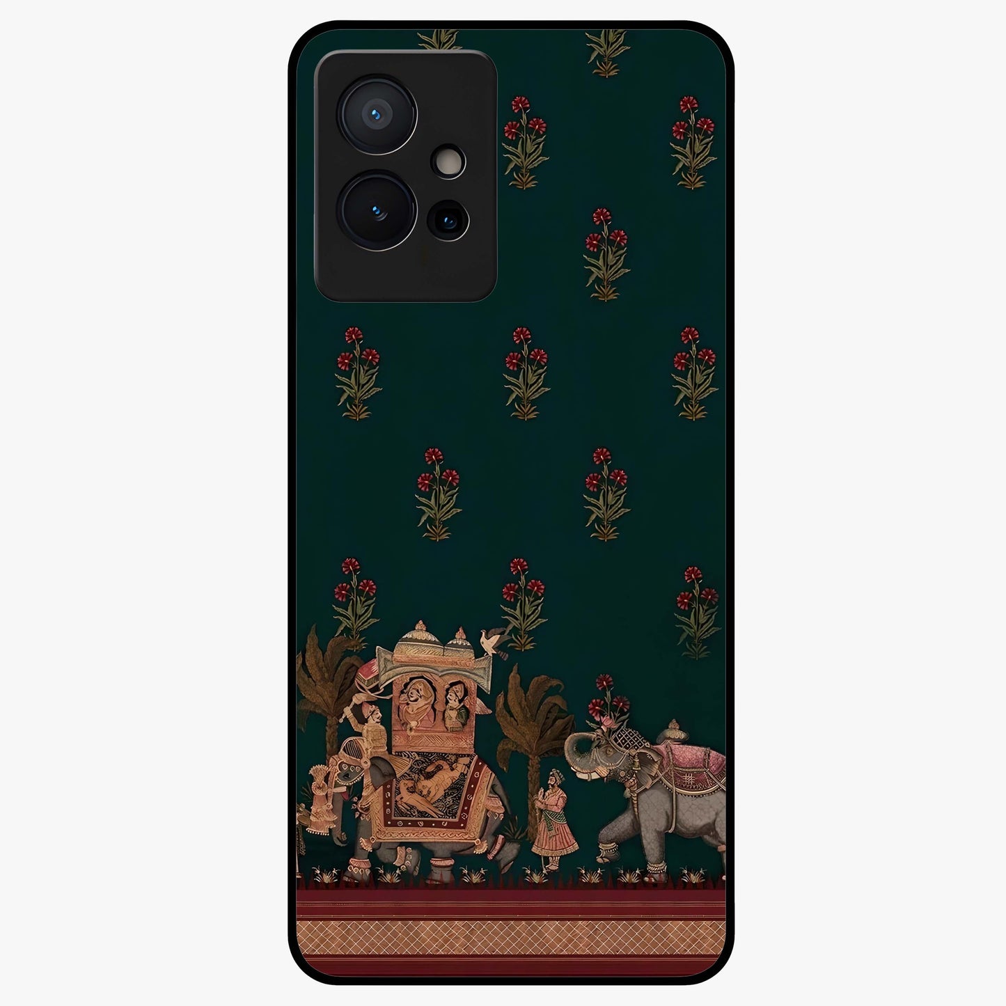 Macmerise Glass Case showing flat back view with stylish modern artwork and glossy glass finish.