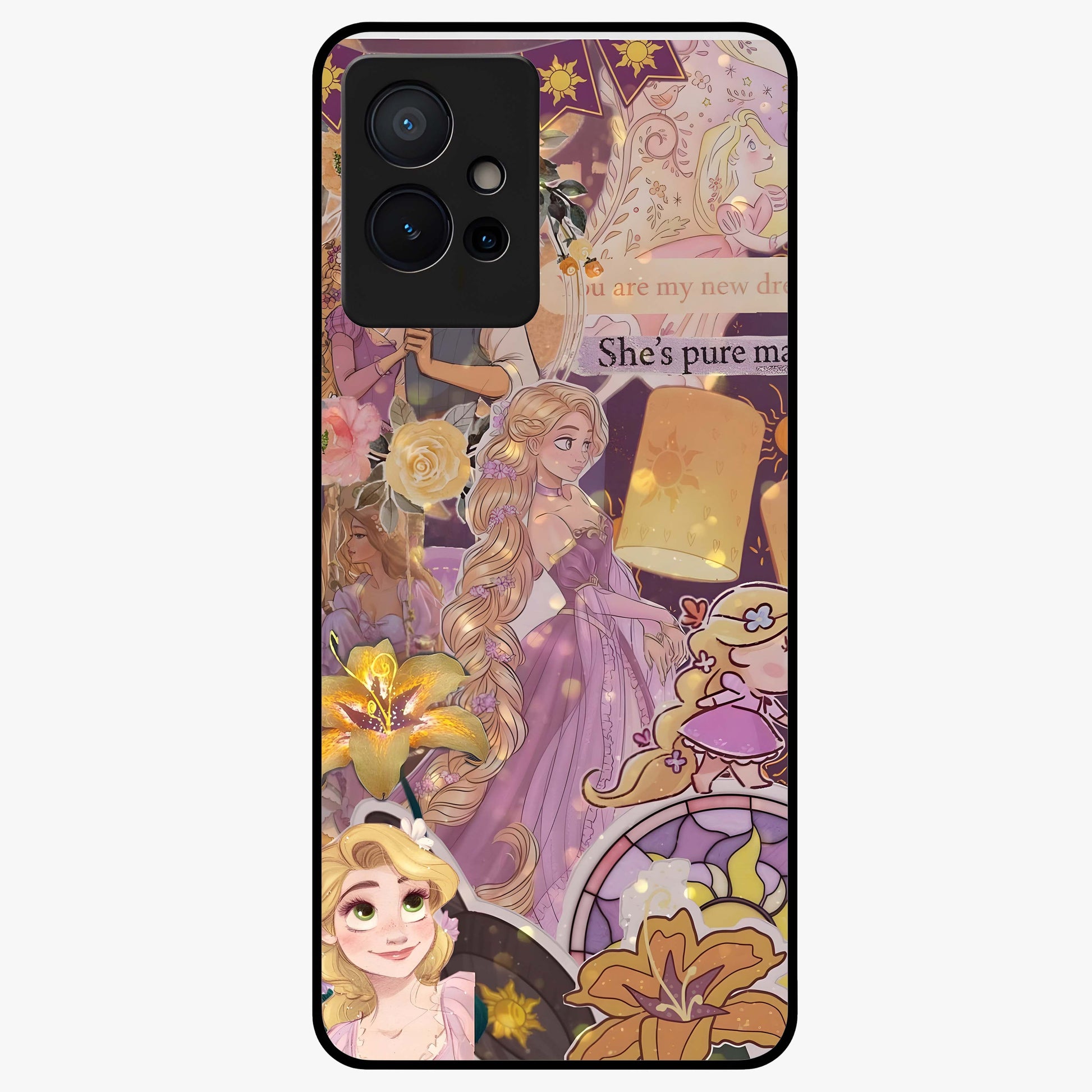 Magical Tangled Dream Glass Case showing flat back view with dreamy tangled artwork and glossy glass finish.