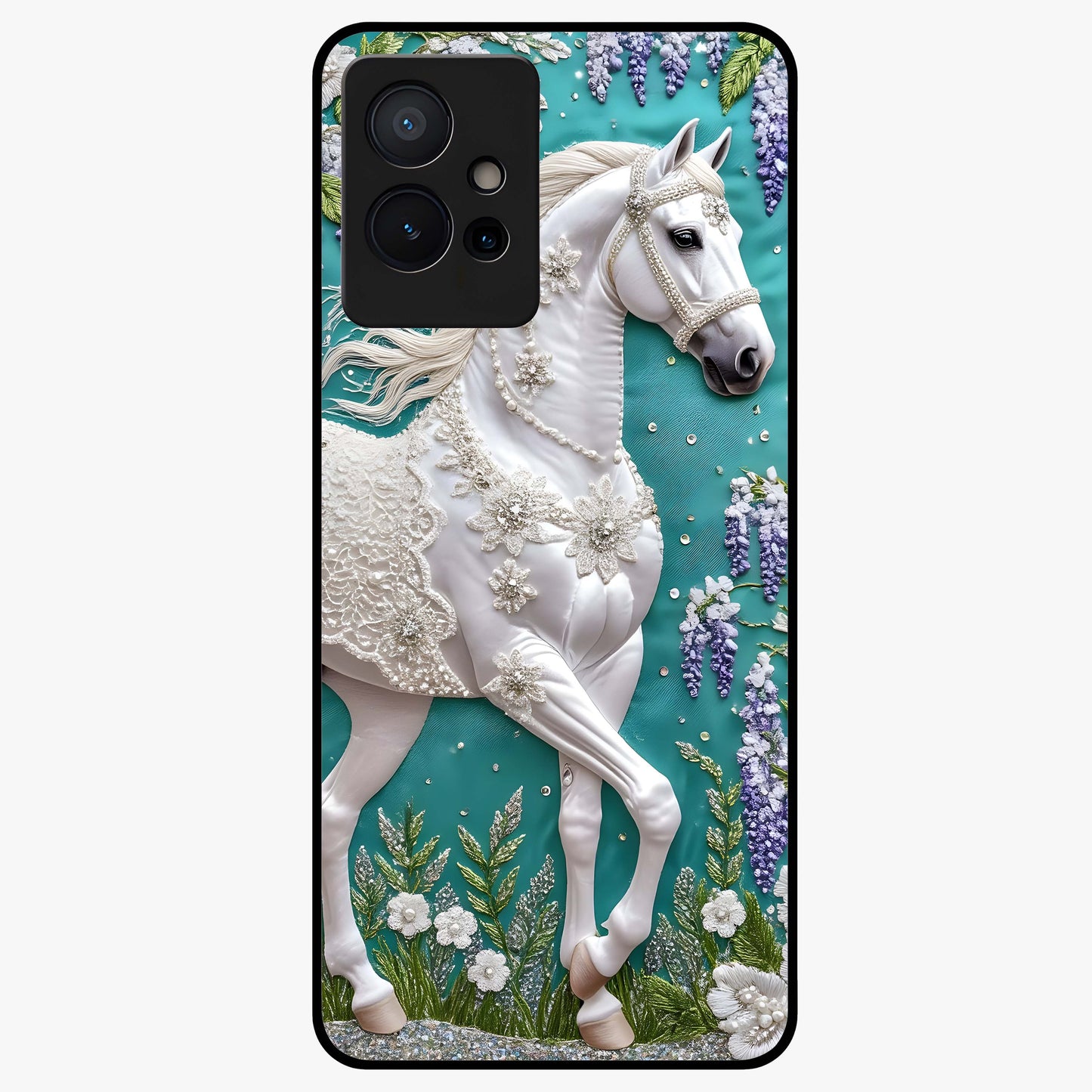 Majestic Floral Stallion Glass Case showing flat back view with powerful horse and floral artwork and glossy glass finish.