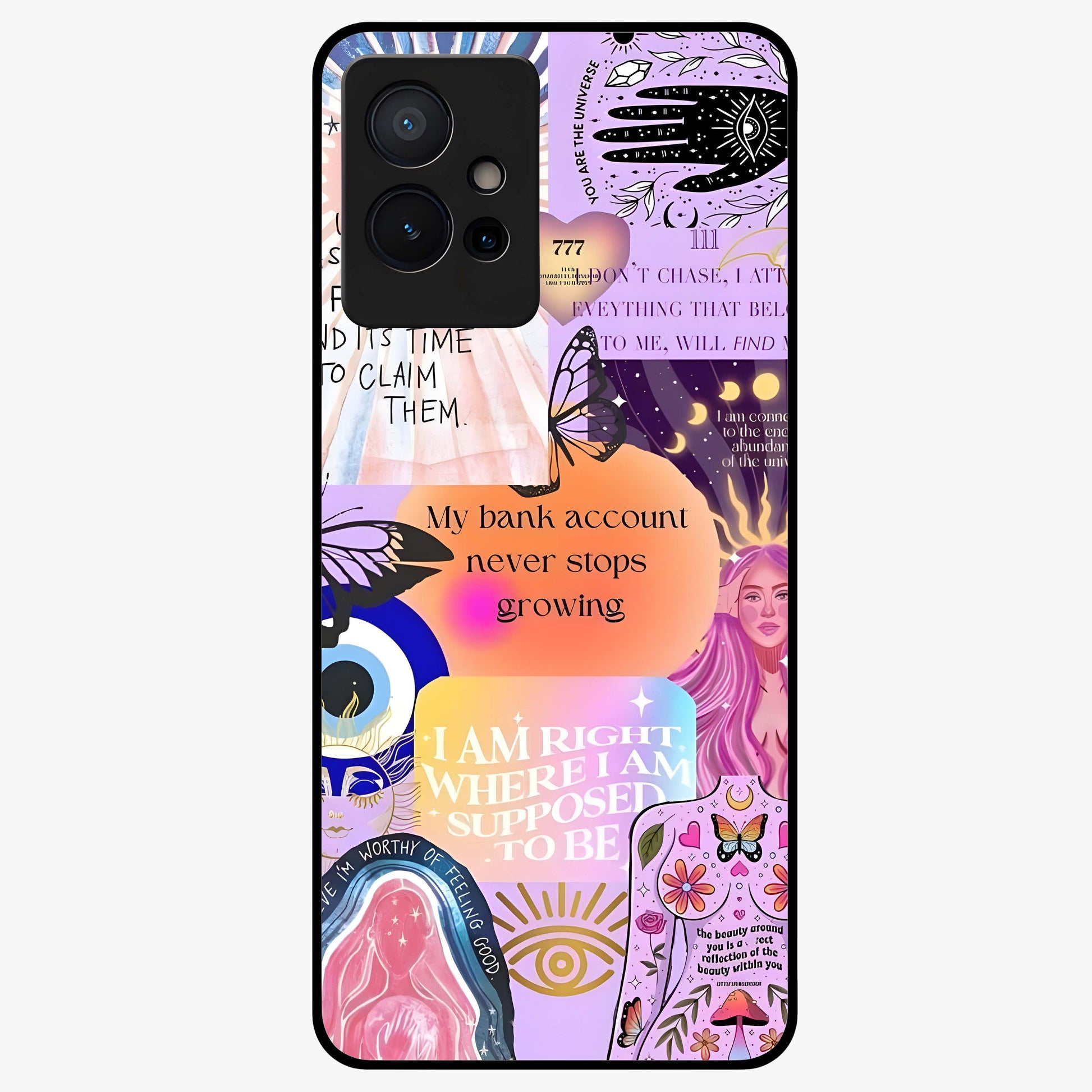 Manifestation Collage Glass Case showing flat back view with motivational collage artwork and glossy glass finish.