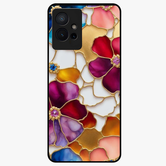 Marble Flower Pattern Glass Case showing flat back view with marble texture floral artwork and glossy glass finish.