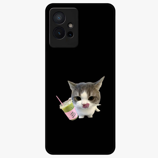 Matcha Cat Style Glass Case showing flat back view with cute matcha themed cat artwork and glossy glass finish.