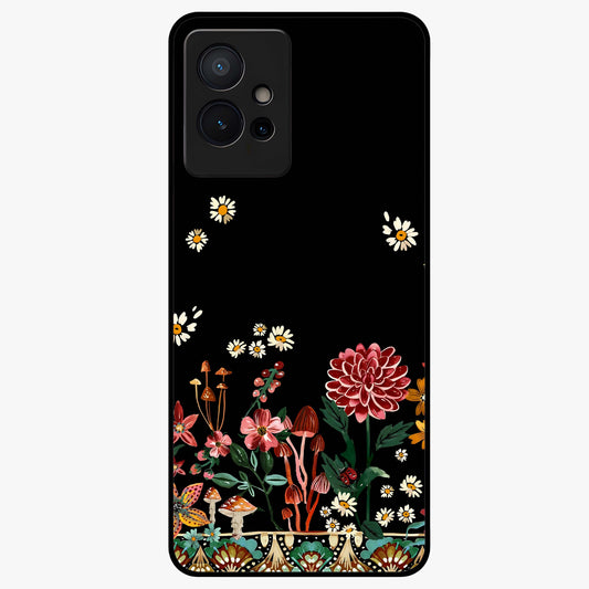 Midnight Bloom Pattern Glass Case showing flat back view with dark floral pattern artwork and glossy glass finish.