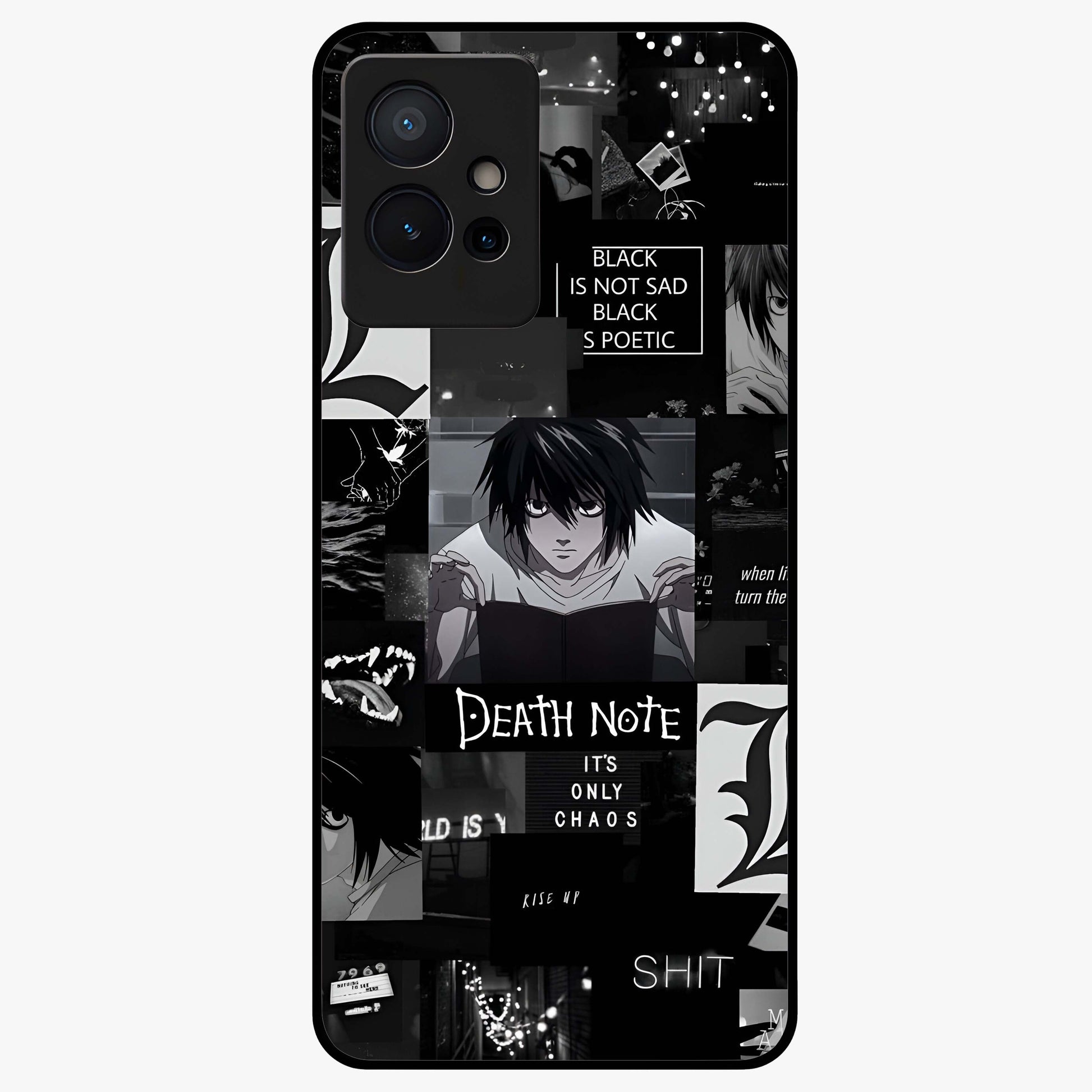 Midnight Chaos Mind Glass Case showing flat back view with abstract dark themed artwork and glossy glass finish.