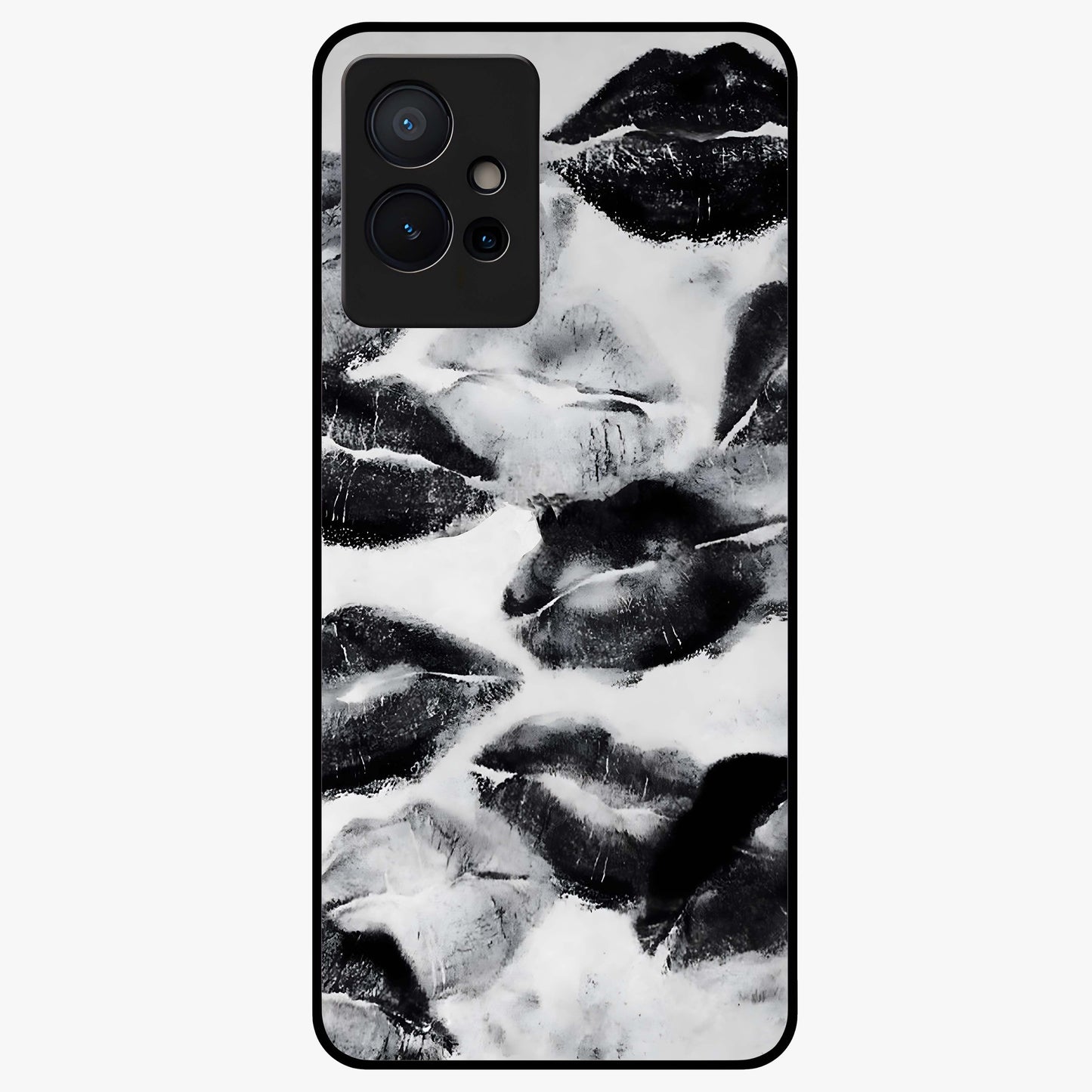 Midnight Kiss Marks Glass Case showing flat back view with lipstick kiss mark artwork and glossy glass finish.
