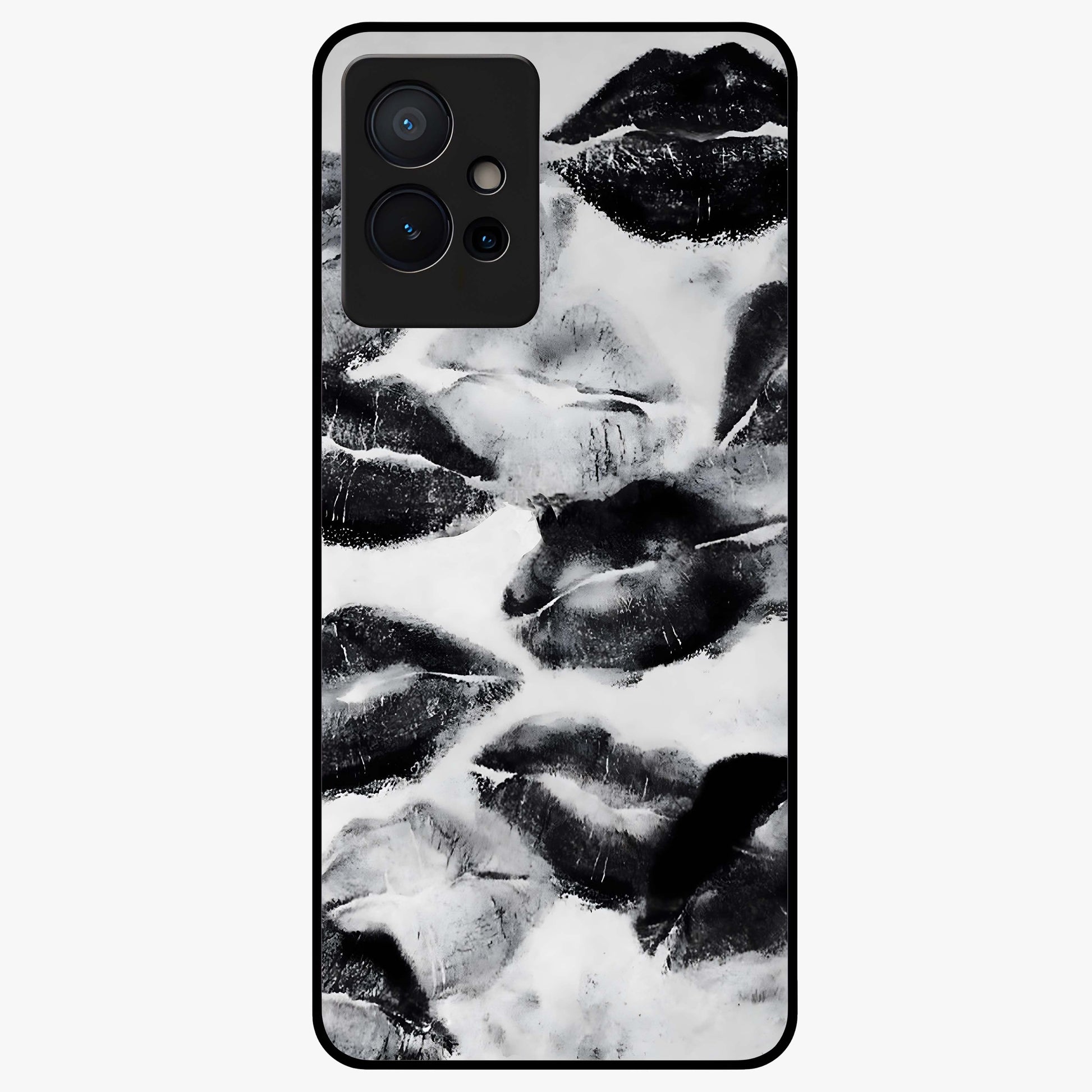Midnight Kiss Marks Glass Case showing flat back view with lipstick kiss mark artwork and glossy glass finish.