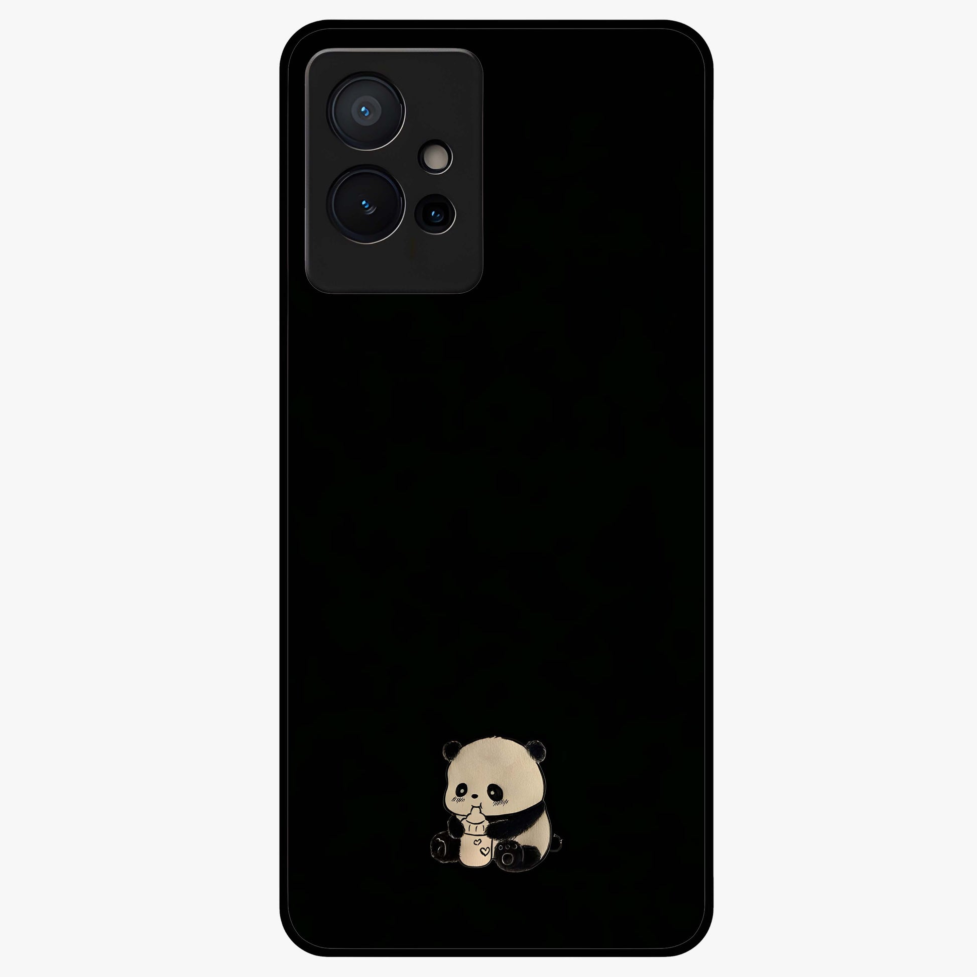 Midnight Panda Love Glass Case showing flat back view with cute panda themed artwork and glossy glass finish.
