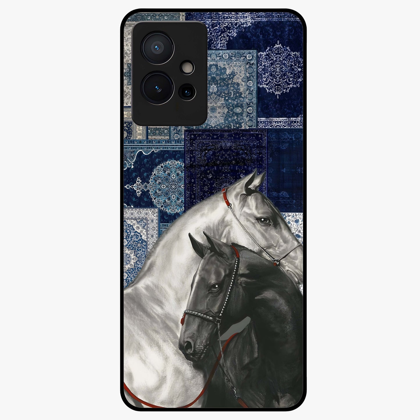 Midnight Stallion Blues Glass Case showing flat back view with majestic horse artwork and glossy glass finish.