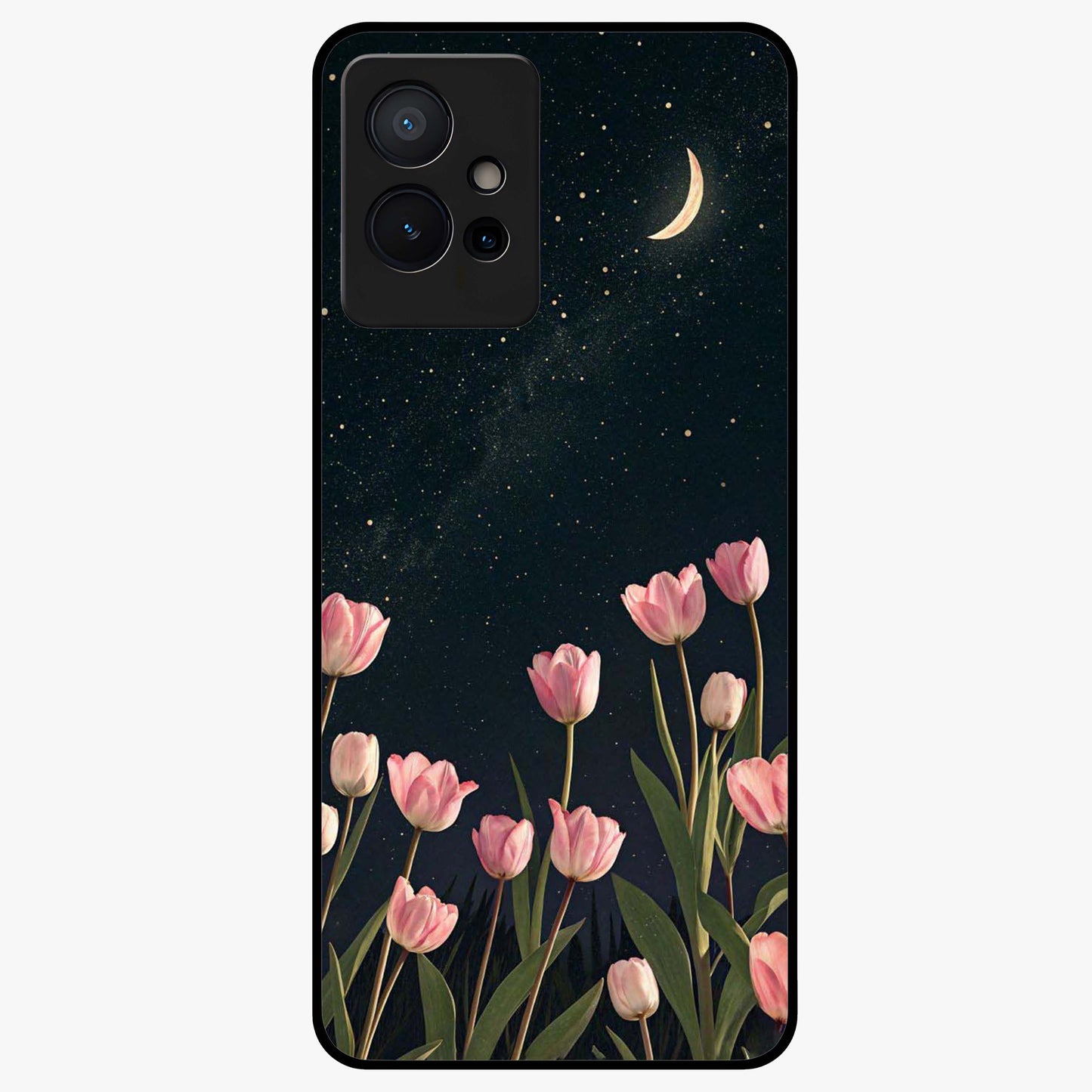Midnight Tulip Whispers Vibe Glass Case showing flat back view with elegant tulip flower artwork and glossy glass finish.