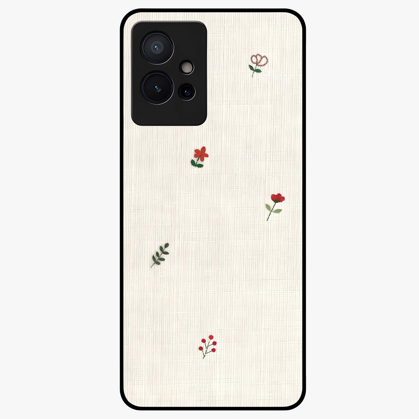 Minimal Petal Whispers Glass Case showing flat back view with soft minimal floral artwork and glossy glass finish.