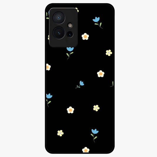 Minimalistic Blue With White Flower Pattern Glass Case showing flat back view with blue background and white flower pattern and glossy glass finish.