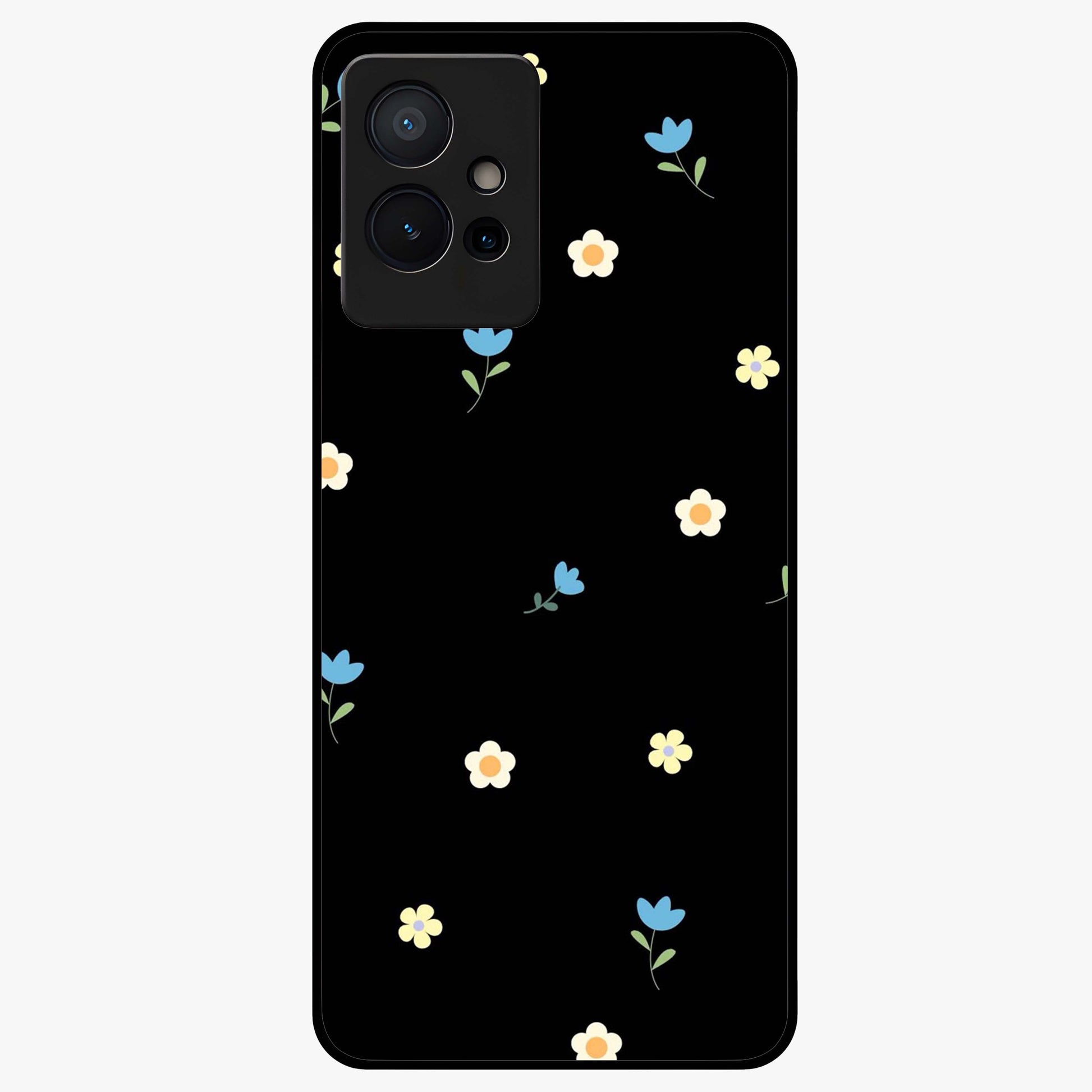 Minimalistic Blue With White Flower Pattern Glass Case showing flat back view with blue background and white flower pattern and glossy glass finish.