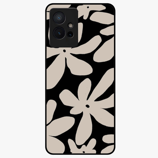 Monochrome Petal Dance Glass Case showing flat back view with monochrome floral artwork and glossy glass finish.