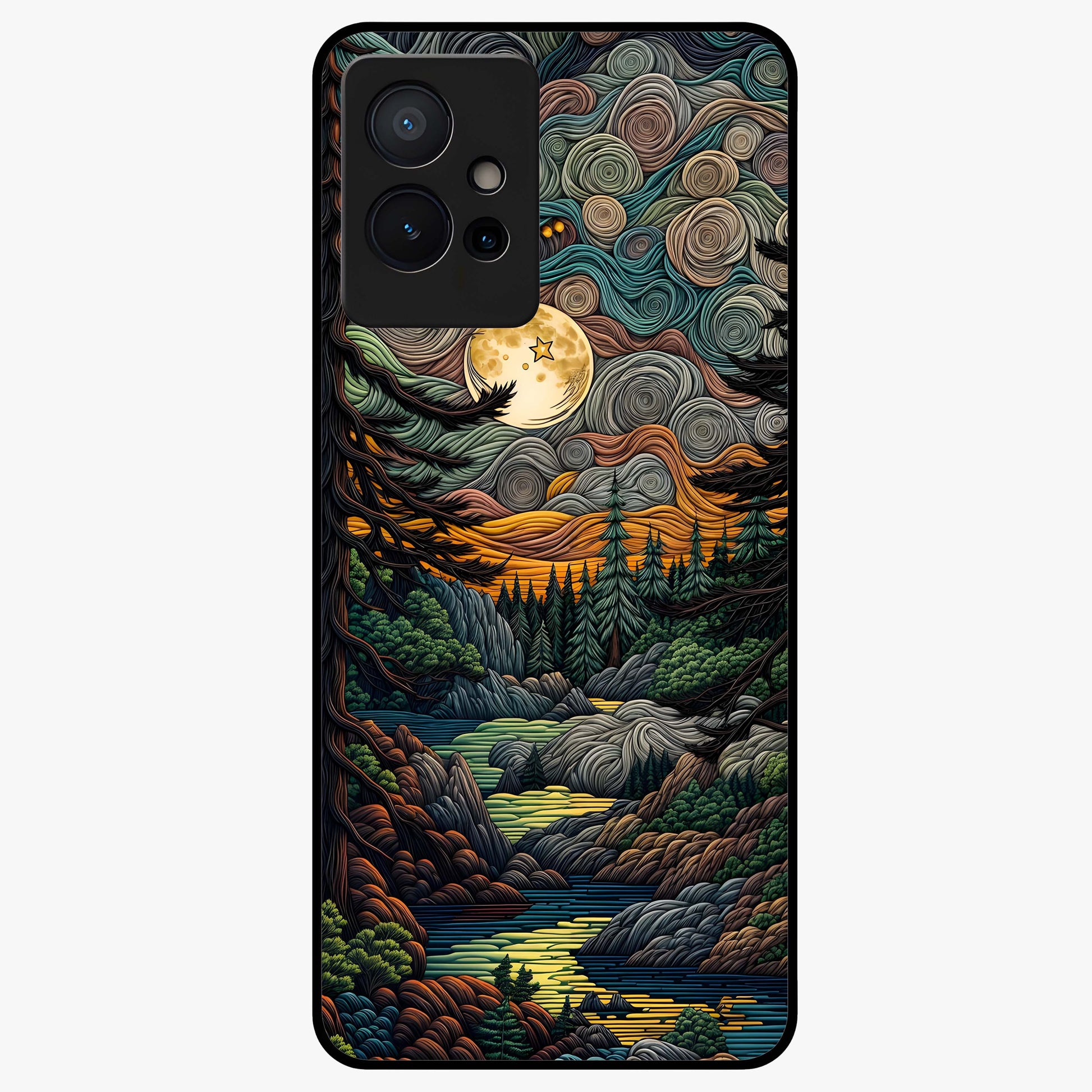 Moonlight Forest Dream Glass Case showing flat back view with mystical forest moonlight artwork and glossy glass finish.