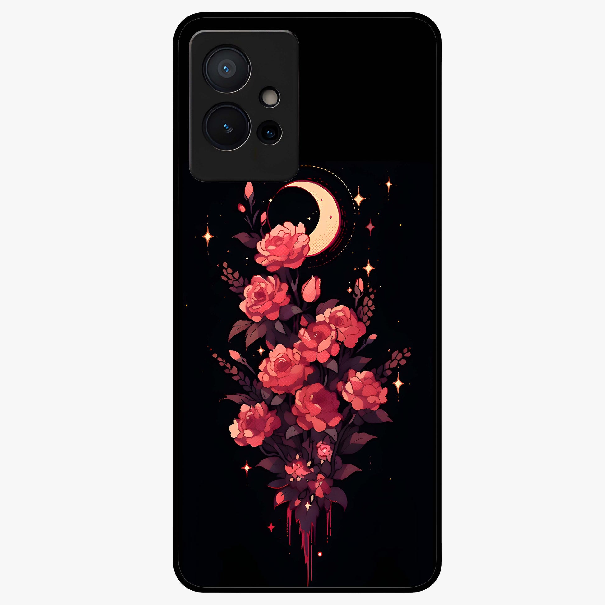 Moonlit Floral Elegance Glass Case showing flat back view with elegant floral artwork under moonlit tones and glossy glass finish.