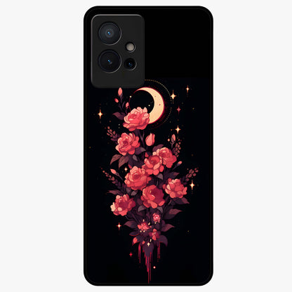 Moonlit Floral Elegance Glass Case showing flat back view with elegant floral artwork under moonlit tones and glossy glass finish.