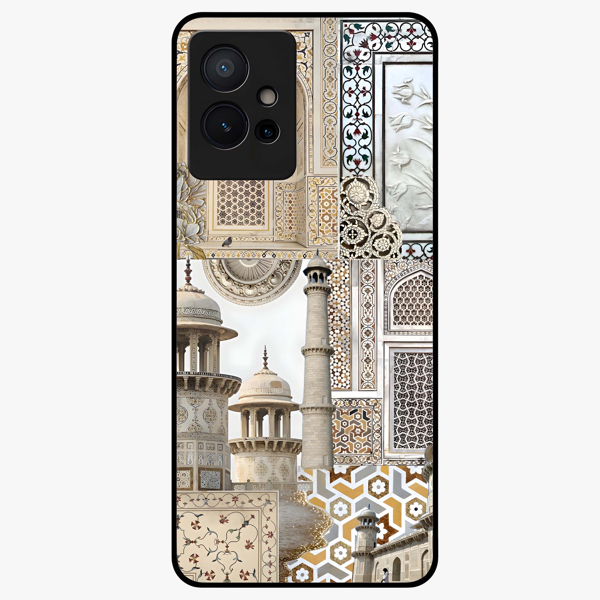 Mughal Marble Legacy Glass Case showing flat back view with intricate Mughal inspired marble pattern and glossy glass finish.