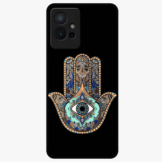 Mystic Hamsa Eye Glass Case showing flat back view with protective hamsa hand and evil eye artwork and glossy glass finish.