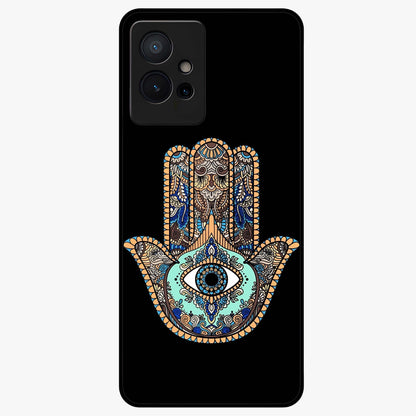Mystic Hamsa Eye Glass Case showing flat back view with protective hamsa hand and evil eye artwork and glossy glass finish.
