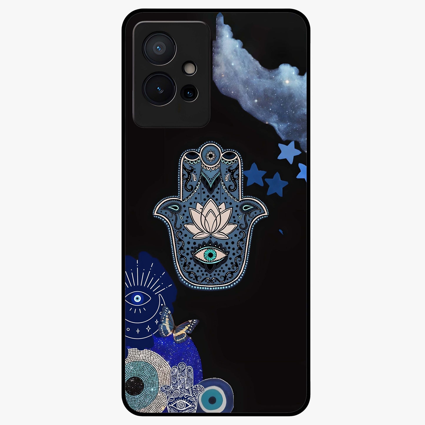 Mystic Hand Aura Glass Case showing flat back view with mystical hand symbol artwork and glossy glass finish.