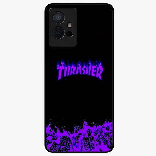 Neon Flame Riot Glass Case showing flat back view with neon flame artwork and glossy glass finish.