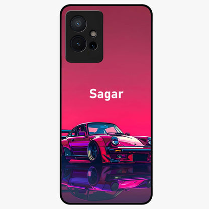 Neon Pink Porsche Glass Case showing flat back view with stylish sports car artwork and glossy glass finish.