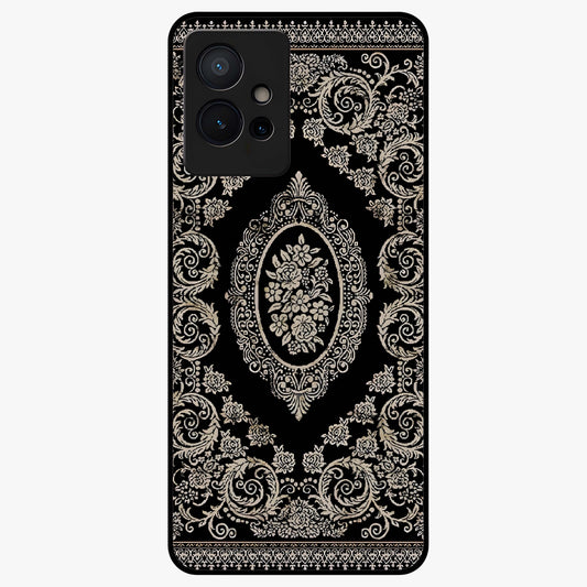 Noir Bloom Elegance Glass Case showing flat back view with elegant dark floral artwork and glossy glass finish.