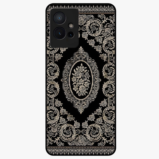 Noir Bloom Elegance Glass Case showing flat back view with elegant dark floral artwork and glossy glass finish.