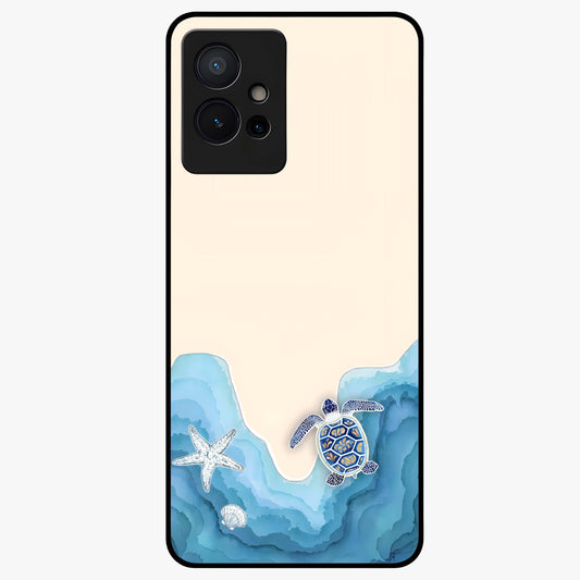 Ocean Drift Turtle Glass Case showing flat back view with sea turtle artwork and glossy glass finish.