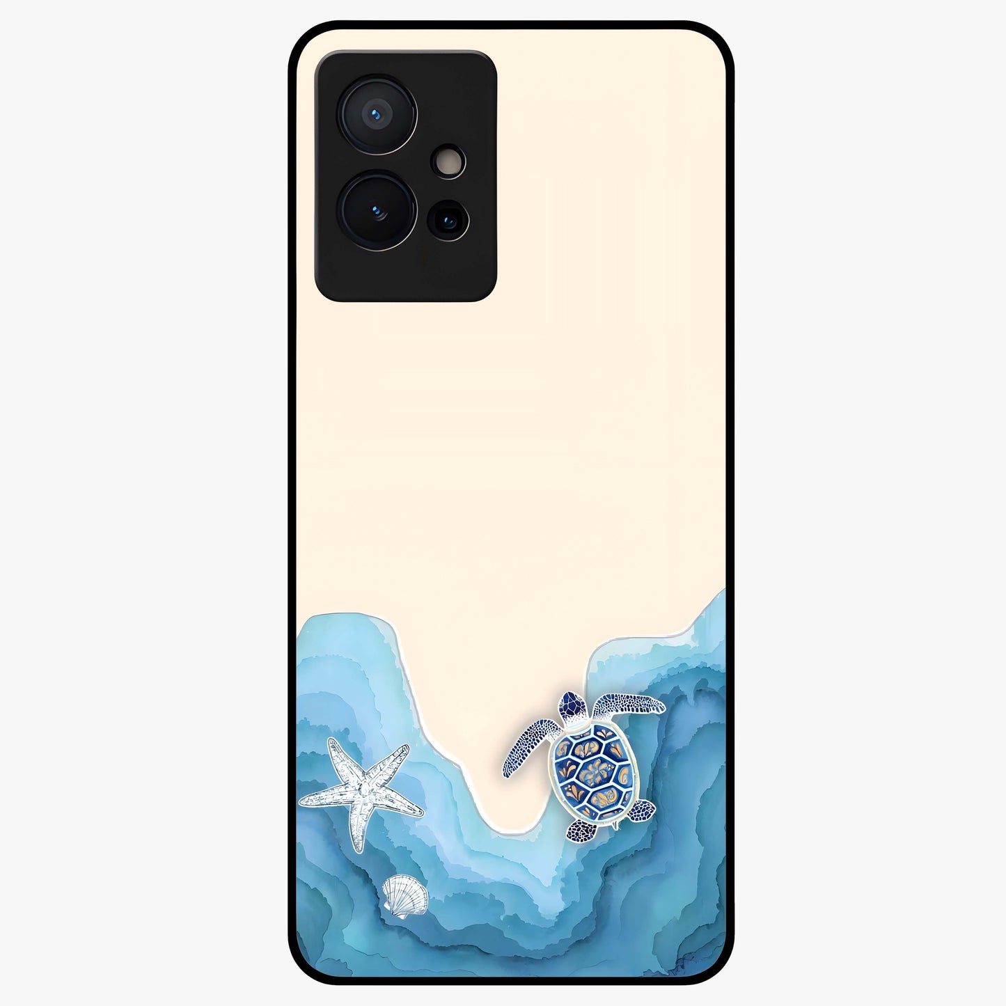 Ocean Drift Turtle Glass Case showing flat back view with sea turtle artwork and glossy glass finish.