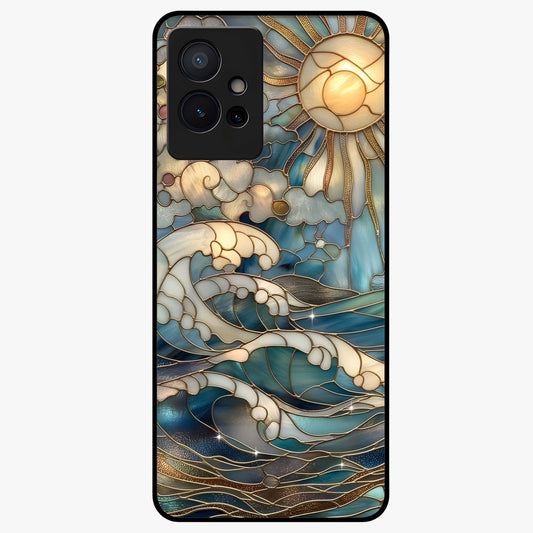 Oceanic Stained Printed Glass Case showing flat back view with ocean inspired stained pattern artwork and glossy glass finish.