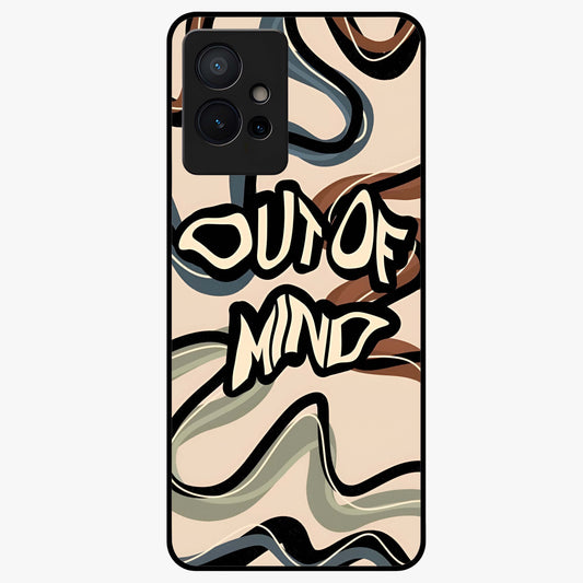 Out Of Mind Glass Case showing flat back view with expressive typography artwork and glossy glass finish.