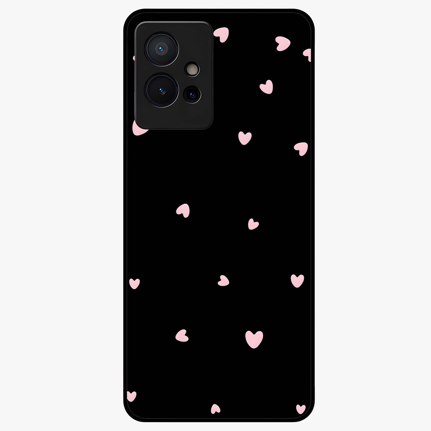 Pink Love Drops Glass Case showing flat back view with playful pink heart drops artwork and glossy glass finish.