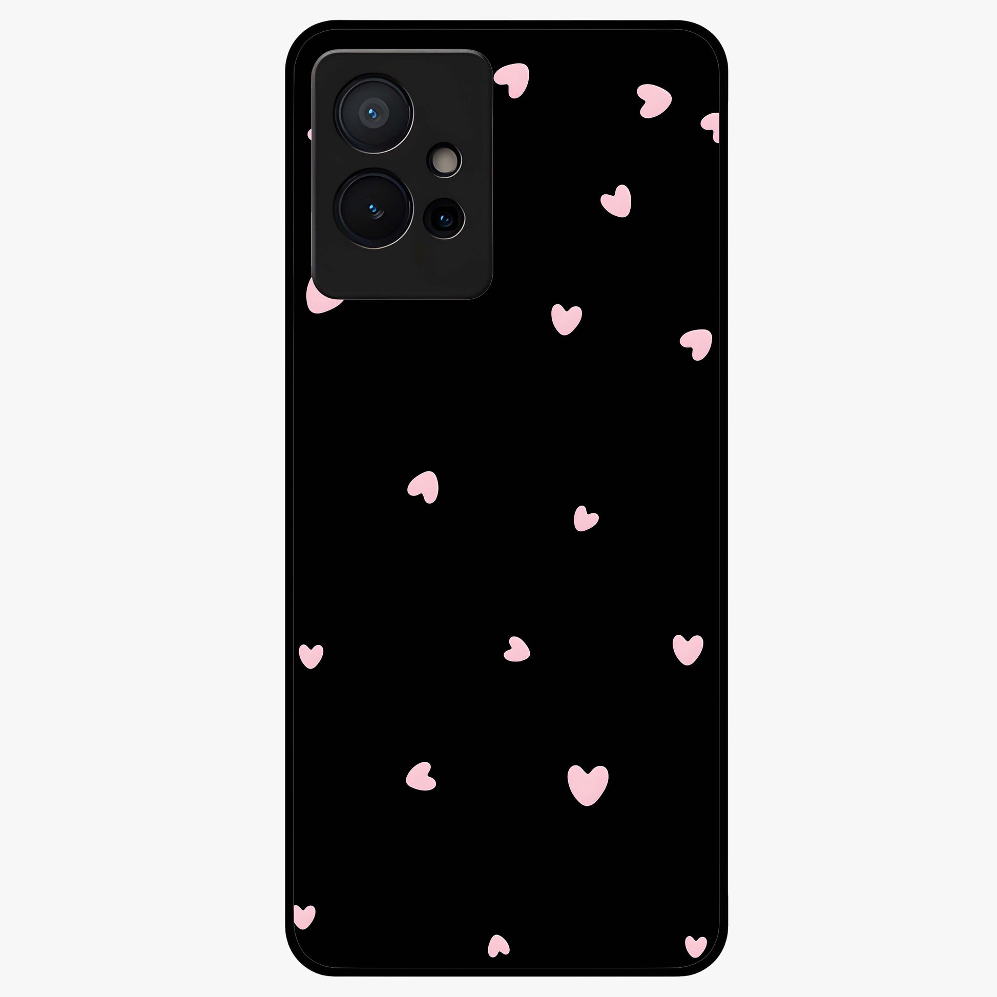 Pink Love Drops Glass Case showing flat back view with playful pink heart drops artwork and glossy glass finish.