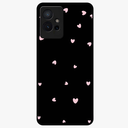 Pink Love Drops Glass Case showing flat back view with playful pink heart drops artwork and glossy glass finish.