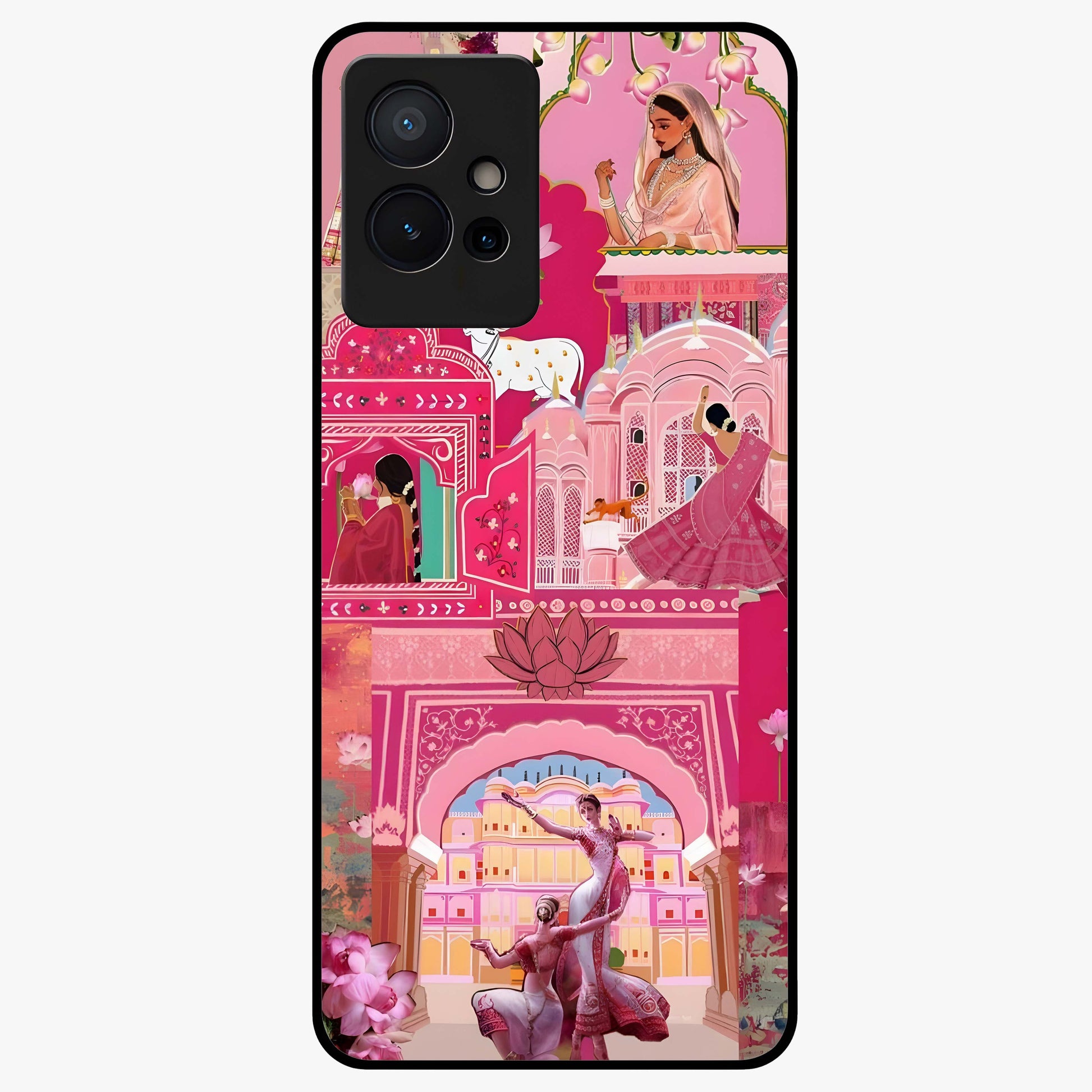 Pink Palace Muse Glass Case showing flat back view with elegant palace inspired artwork and glossy glass finish.