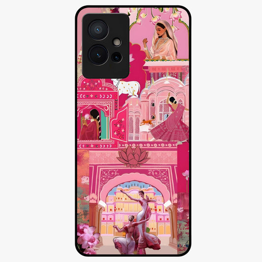 Pink Palace Muse Glass Case showing flat back view with elegant palace inspired artwork and glossy glass finish.
