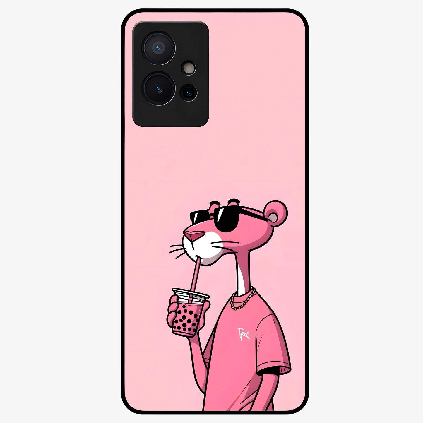 Pink Panther Glass Case showing flat back view with iconic pink panther artwork and glossy glass finish.