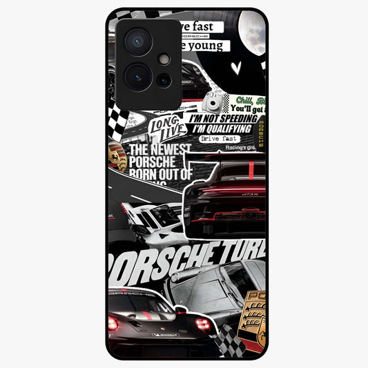 Porsche Racing Collage Glass Case showing flat back view with sports car racing collage artwork and glossy glass finish.