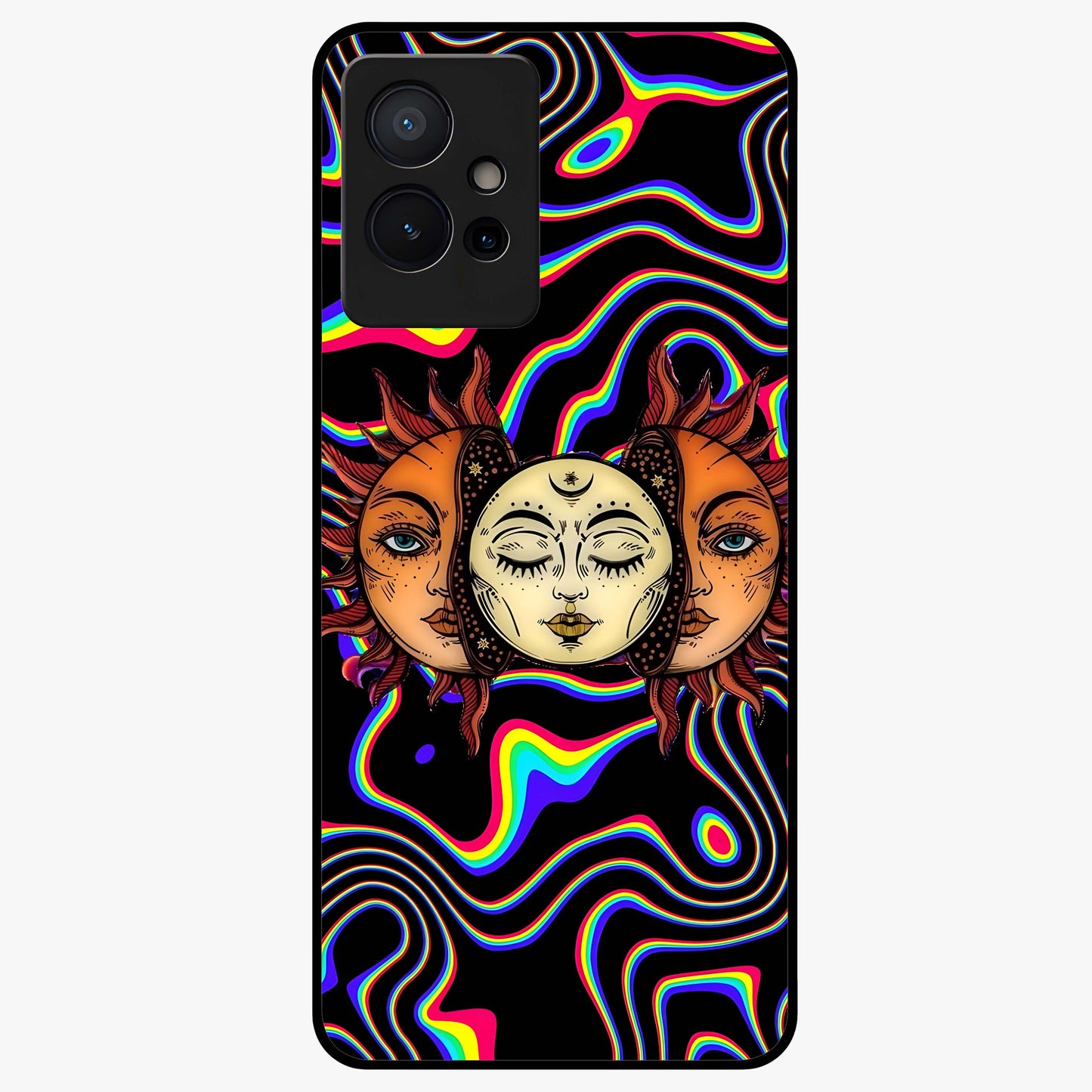 Psychedelic Sun Glass Case showing flat back view with colorful psychedelic sun artwork and glossy glass finish.