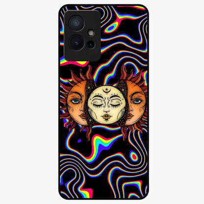Psychedelic Sun Glass Case showing flat back view with colorful psychedelic sun artwork and glossy glass finish.