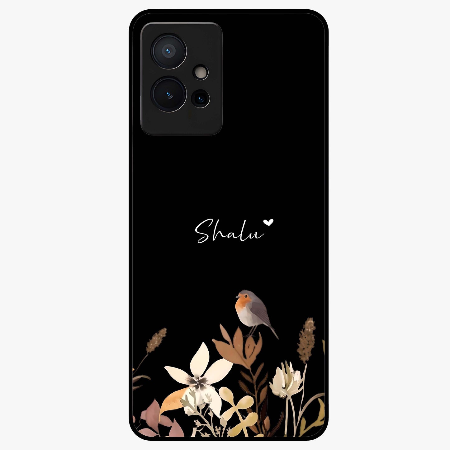 Quiet Garden Tune Custom Name Glass Case showing flat back view with peaceful garden artwork and personalized name design.