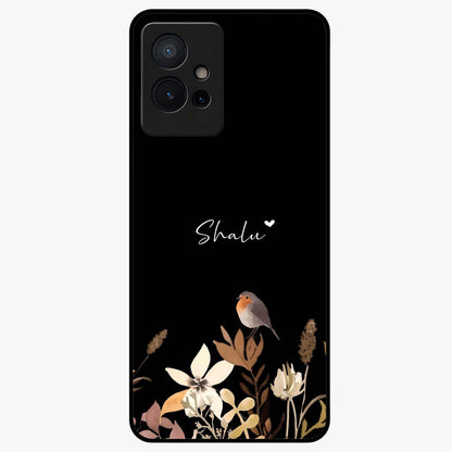 Quiet Garden Tune Custom Name Glass Case showing flat back view with peaceful garden artwork and personalized name design.