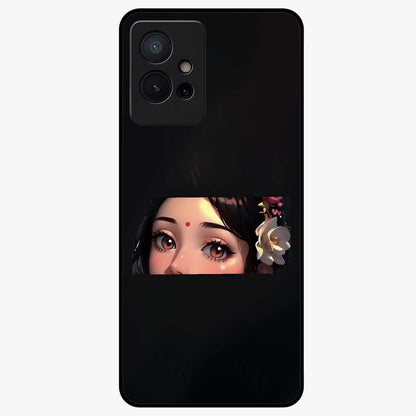 Radha Divine Embrace Glass Case showing flat back view with devotional Radha artwork and glossy glass finish.