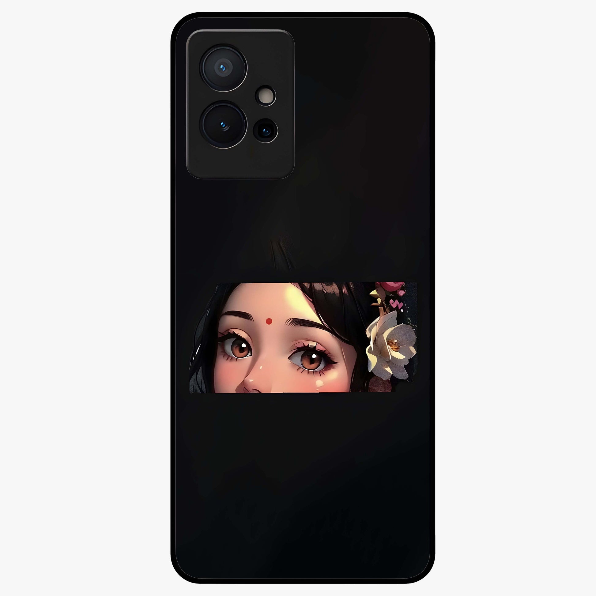 Radha Divine Embrace Glass Case showing flat back view with devotional Radha artwork and glossy glass finish.