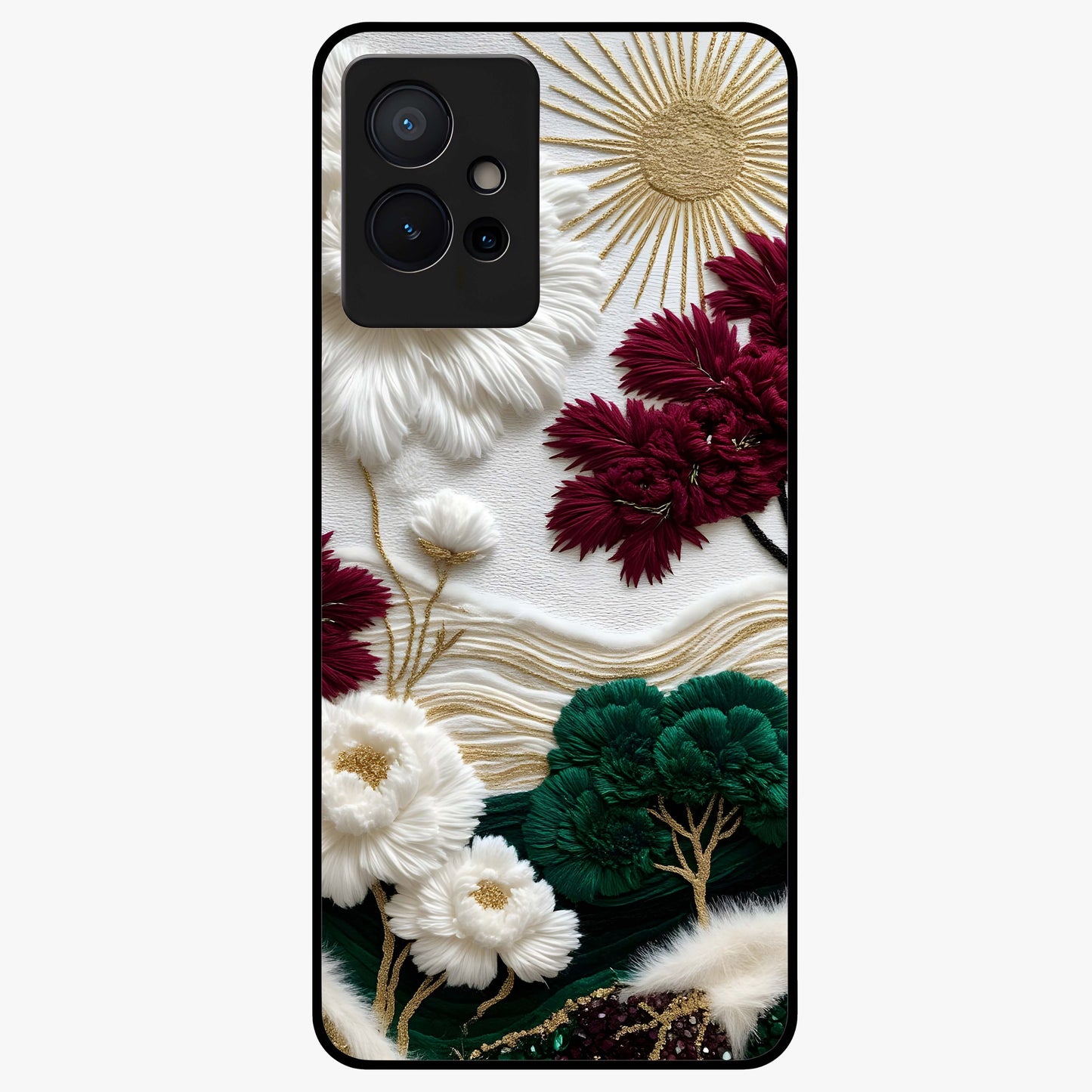 Radiant Bloom Elegance Glass Case showing flat back view with elegant blooming flower artwork and glossy glass finish.