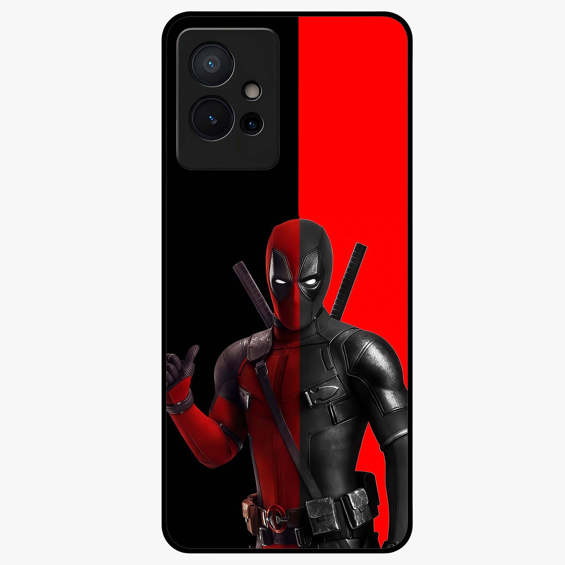 Red & Black Deadpool Theme Glass Case showing flat back view with bold comic inspired artwork and glossy glass finish.