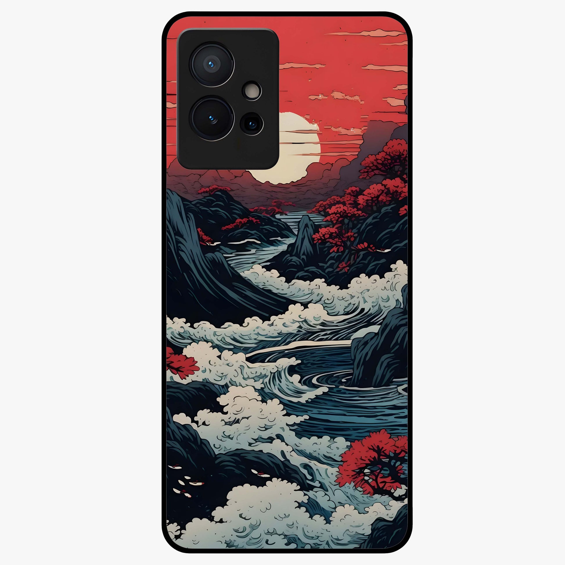 Red Sunset Scenery Glass Case showing flat back view with vibrant sunset landscape artwork and glossy glass finish.